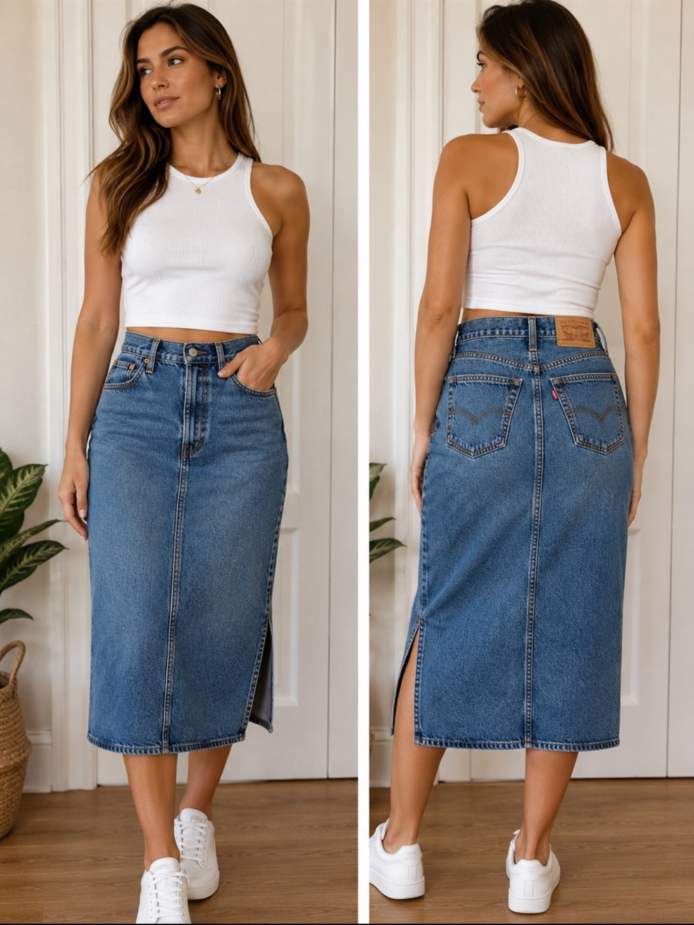 Classic Blue Denim Midi Skirt by